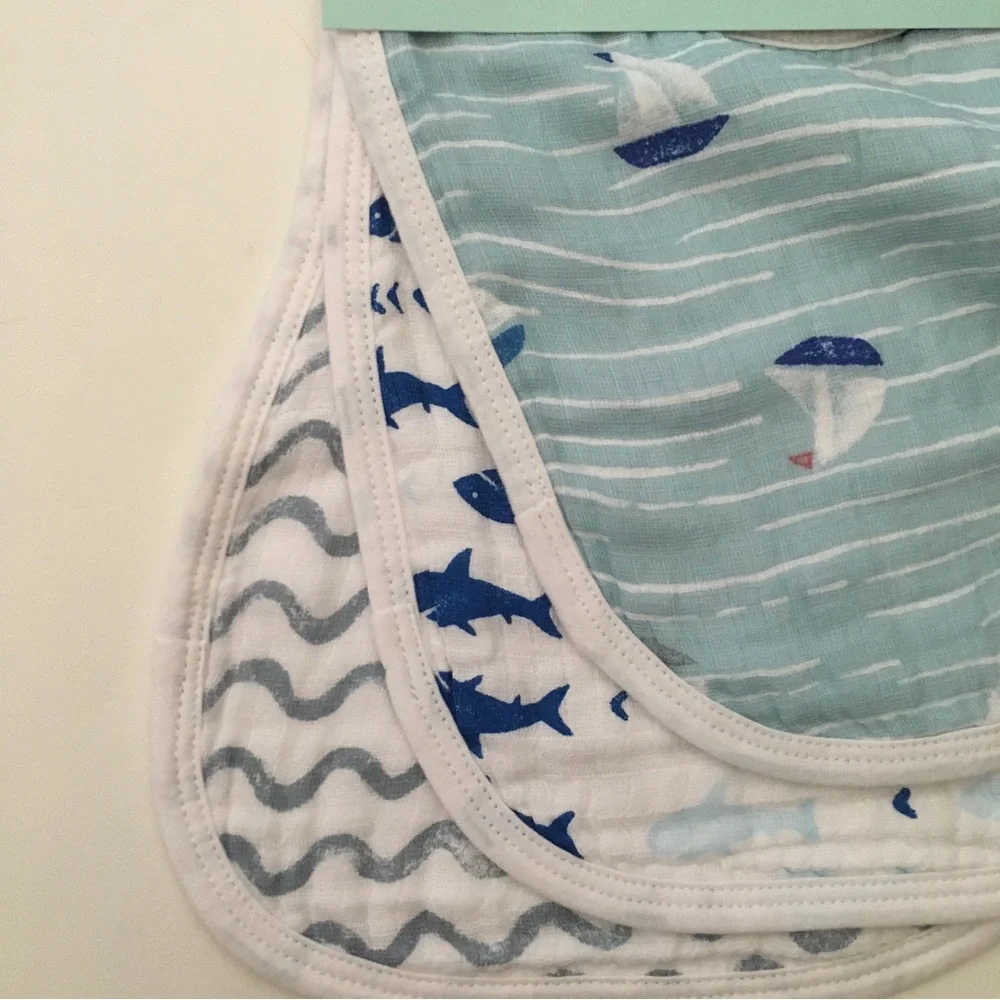 NEW Aden + Anais Muslin Cotton Snap Bibs Breathable Cotton Sailboats Fish Prints